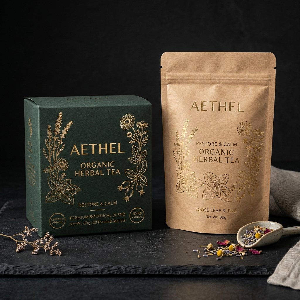 Aethel Organics — Herbal Tea Box & Foil Pouch